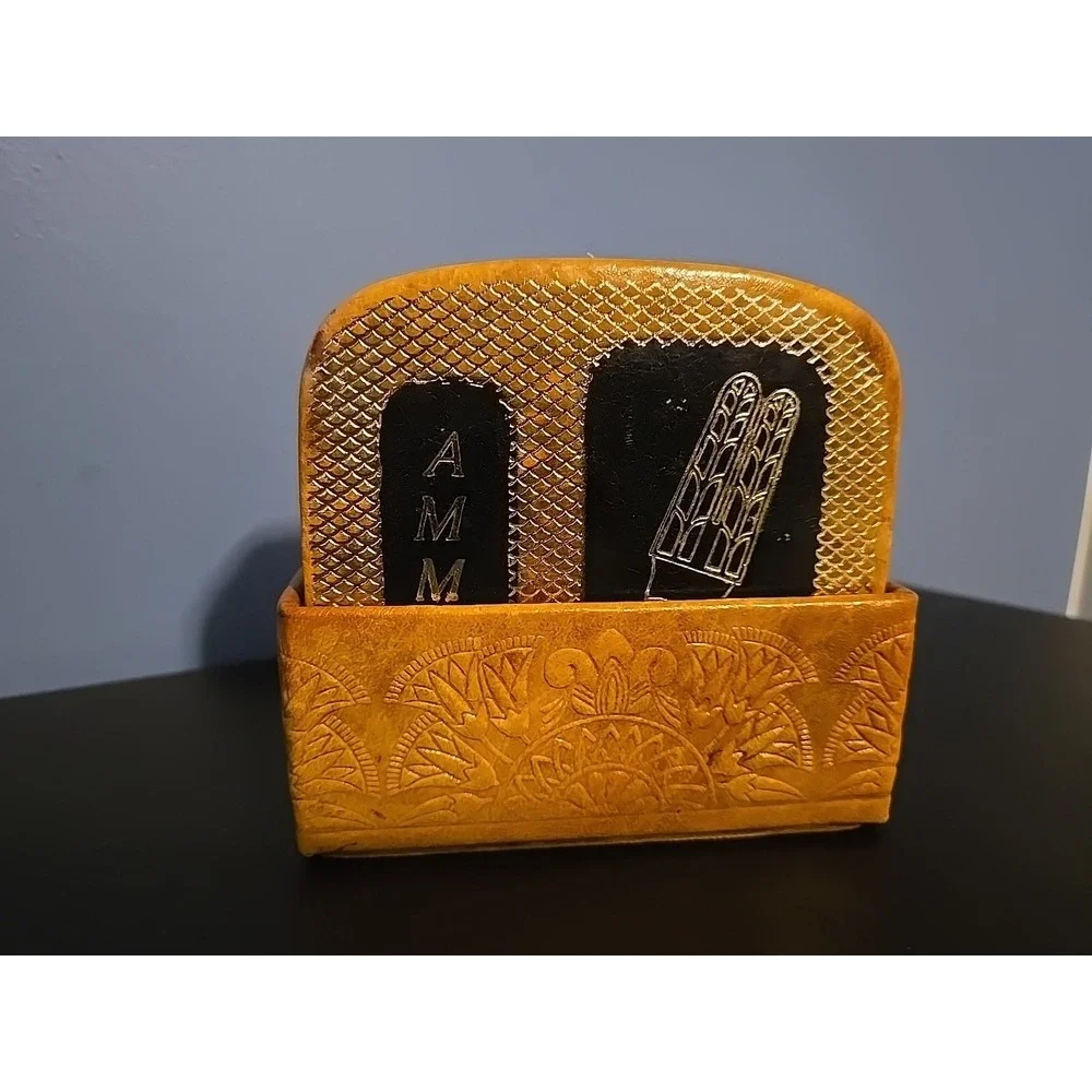 Vintage Egyptian Coasters Set of 6 Golden Leather with‎ Embossed Holder Bareware